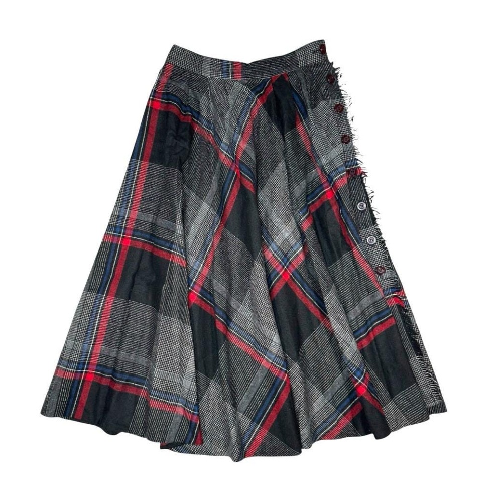 VTG Century of Boston WOOL BLEND PLAID A-LINE MAXI SKIRT Side Buttons w/Fringe M - Picture 2 of 6